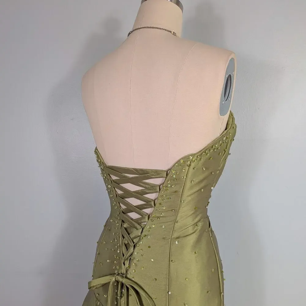Mori Lee Prom Dress Maxi Gown 10 Green Strapless Corset Mermaid Bead Y2K Olive - Picture 4 of 16
